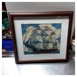 Framed Cross-Stitch Artwork Depicting a Nautical S