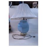 Blue Ceramic Table Lamp with Pleated Shade and Bra