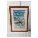 Framed Watercolor Print of Heron on Beach, Signed
