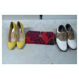 Yellow Pointed-Toe Heels, Paisley Clutch, and Sadd