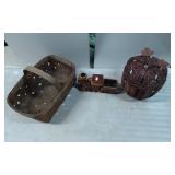 Three Decorative Items: Woven Basket, Ceramic Trai