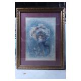 Framed Watercolor Painting of a Woman in White Hat