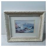 Framed Seascape Watercolor Painting in Ornate Whit