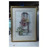 Framed Watercolor Still Life of Chair, Hat, Scarf,