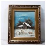 Framed Winter Scene Oil Painting on Board