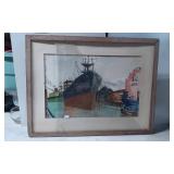 Framed Maritime Watercolor Painting of Docked Ship