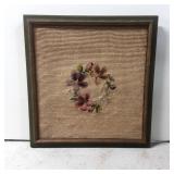 Framed Needlepoint Artwork Featuring Floral Wreath