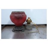 Red Glass Lamp Base with Cast Iron Stand and Brass