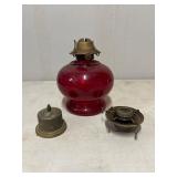 Red Glass Oil Lantern with Metal Burner and Cap