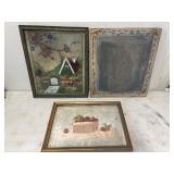 Three Framed Artworks: Embroidered Scenes and Fish