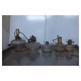 Five Vintage Glass Oil Lamps with Metal Hardware