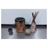 Handcrafted Miniature Drum, Teepee, Painted Pot, a