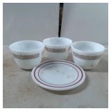 Pyrex Milk Glass Cups with Floral Motif and Red Tr