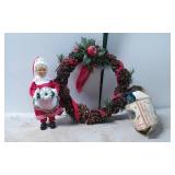 Pinecone Holiday Wreath, Mrs. Claus Figurine, and