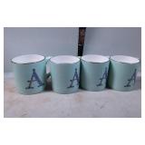 Four Mint Green Porcelain Mugs with Blue Letter 'A
