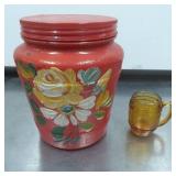 Painted Red Glass Jar with Screw-On Lid and Amber