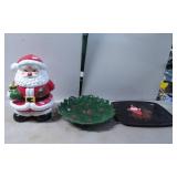 Ceramic Santa Cookie Jar, Holly Leaf Bowl, and San