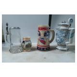 Four Beer Steins with Various Designs and Material