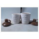 Two Ceramic Tea and Coffee Canisters with Brown Li