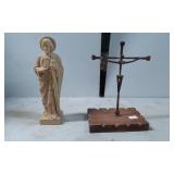 Religious Figurine and Cross Sculpture on Wooden B