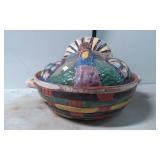 Hand-Painted Ceramic Hen-Shaped Covered Dish with