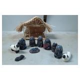 Russian Clay Nativity Scene with Woven Straw Stabl