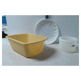 Plastic Containers and Decorative Shallow White Pl