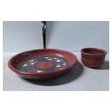 Terracotta Plate and Bowl Set with Hand-Painted Fl
