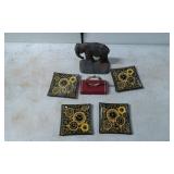 Lot with Cast Metal Elephant Figurine, Leather Tri