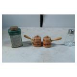 Salt and Pepper Shakers and Spice Tin