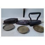Cast Iron Sad Irons, Brass Trays, and Metal Ashtra