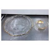 Etched Glass Plate and Bowl Set with Gilded Edges