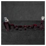 Ruby Red Glass Collection Including Decanter, Shak
