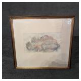 Framed Abstract Watercolor on Paper with Faded Sig