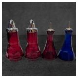 Red and Blue Glass Shakers with Chrome-Plated Tops
