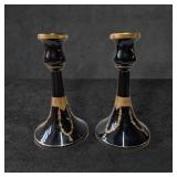 Black Amethyst Glass Candlesticks with Gold Accent