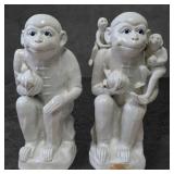 White Ceramic Figurines of Monkeys with Stamped Ma