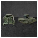 Patinated Metal Inkwell and Rocker Blotter with St