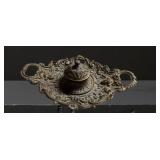 Ornate Brass Inkwell with Glass Insert, 10 x 7 Inc