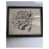 Framed Pen-and-Ink Architectural Drawing Signed by