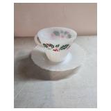 Seven Milk Glass Holly Pattern Teacups and Saucers