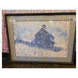 Framed Winter Landscape Print of a Stone House Sig