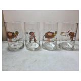 Four Glass Tumblers with Illustrated Caveman-Theme