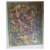 Abstract Drip Painting on Canvas with Green Backgr