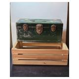 Green Metal Tool Box with Handle and Wooden Crate