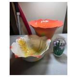Two Ceramic Flower Bowls and One Glass Iris Vase