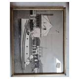 Framed Black-and-White Photograph of a Boat Docked