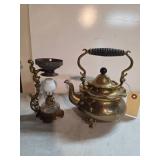 Brass Teapot with Ornate Handle and Metal Oil Lamp