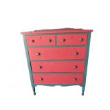 Two-Tone Green and Red Hand-Painted Dresser with F