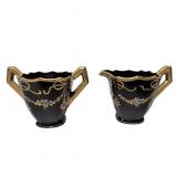 Black Amethyst Glass Sugar Bowl and Creamer Set wi